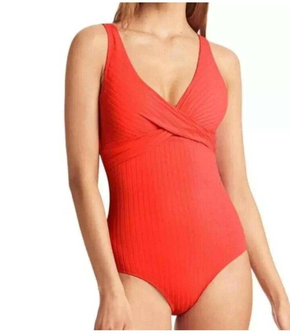 Sea Level Tangerine Orange Vesper Cross Front V-Neck One Piece Swimsuit Size 14